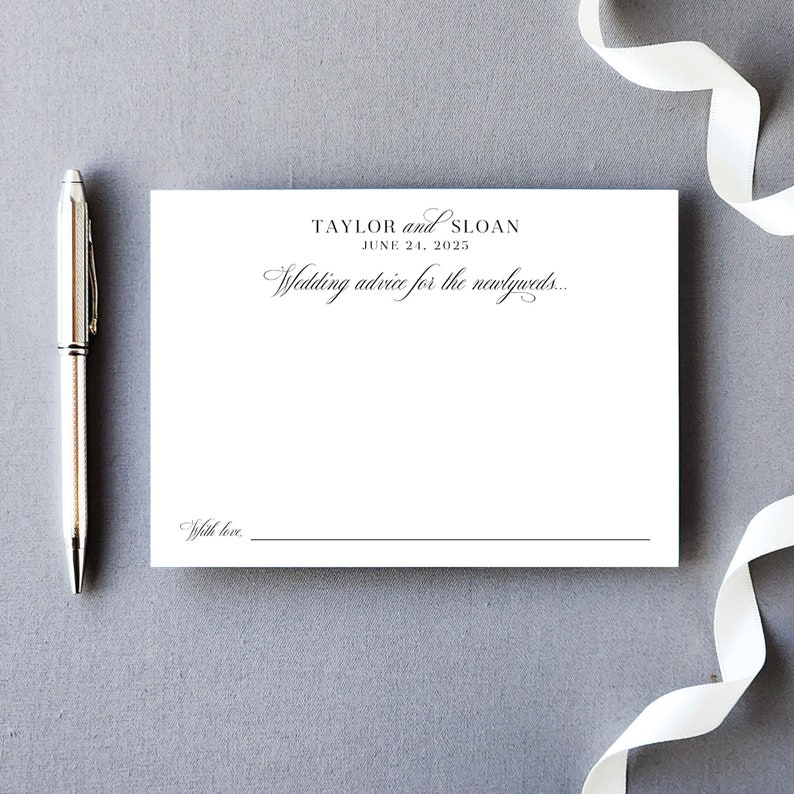 Elegant black and white wedding advice card and wedding wish card set with a classic design. Perfect for a wedding game, bridal shower game, or advice guest book. Collect advice and wishes, words of wisdom, and wedding wishes for the bride and groom.