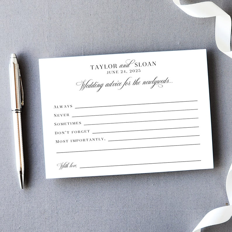 Formal black and white guestbook cards with a timeless design, ideal for a rehearsal dinner or bridal shower game. These wedding advice cards are perfect for gathering advice and wishes or bridal wishes, for lasting words of wisdom for the newlyweds.