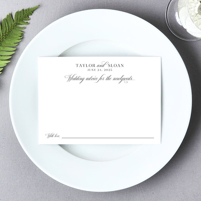 Modern black and white wedding advice card and guest book card set. Ideal for a rehearsal dinner, wedding game, or bridal shower game. Collect wedding wishes and thoughtful words of wisdom for the bride and groom in an elegant format.