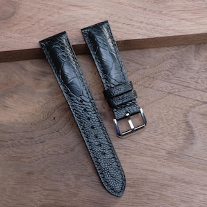 Black Ostrich Leg Leather Watch Strap: Handmade Zermatt Lining.Personalized,Custom.All Size