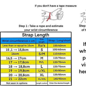 Puede incluir: Diagrama con medidas de relojes y hebillas, tabla de longitud de correas e instrucciones para medir la circunferencia de la mu&ntilde;eca. Incluye tallas en cm y longitudes de correas en mm.