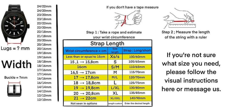 Puede incluir: Diagrama con medidas de relojes y hebillas, tabla de longitud de correas e instrucciones para medir la circunferencia de la mu&ntilde;eca. Incluye tallas en cm y longitudes de correas en mm.