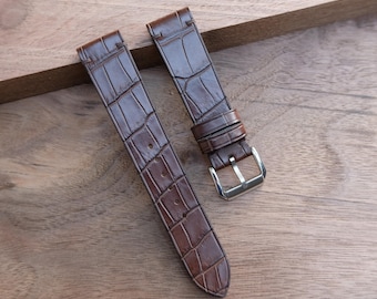 Bracelet de montre mince en cuir d'alligator brun du Vietnam fait main : personnalisé, toutes tailles