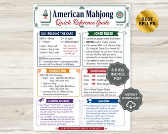 Guía de referencia rápida de Mahjong americano imprimible / Hoja de trucos de Mahjong en PDF / Guía de reglas del juego de Mahjong, tarjeta de referencia fácil para Mahjong