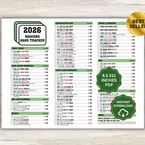 May include: A 2026 Mahjong Hand Tracker score sheet printed on 8.5 x 11 inch paper. The document features green headers, black text, and red point values for various hand combinations. It includes a gold Best Seller seal and an Instant Download icon.