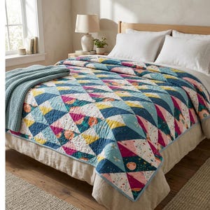 May include: A colorful quilt with a geometric pattern of triangles in shades of blue, pink, yellow, and white. The quilt is on a bed with white pillows and a light blue throw blanket. The bed is in a well-lit room with a window.
