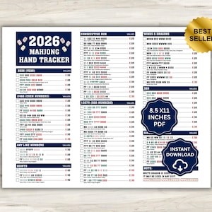 May include: A 2026 Mahjong Hand Tracker printed on an 8.5 x 11 inch sheet. The document features dark blue headers and white sections listing various Mahjong hands, sequences, and point values. It includes a gold Best Seller badge and blue icons.