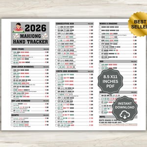 Op de afbeelding: Een 2026 Mahjong hand tracker scoreblad. Het document heeft een rasterindeling met categorieën zoals 2026 Year, 2468 Even Numbers, Any Like Numbers, Quints, Consecutive Run, 13579 Odd Numbers en Winds & Dragons, inclusief een 8.5 x 11 inches PDF-label.