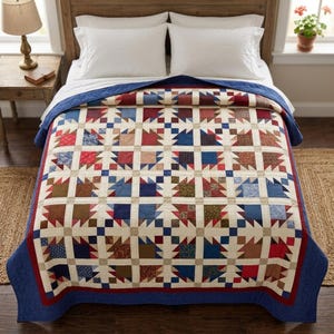 Puede incluir: Un edredón de patchwork con un patrón repetido de huellas de oso estilizadas en rojo, azul y marrón sobre un fondo crema. El edredón tiene un borde azul y se muestra en una cama con sábanas y almohadas blancas.