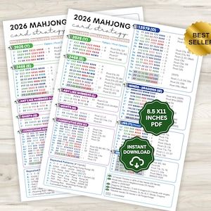 May include: Two 8.5 x 11 inch sheets of paper featuring a 2026 Mahjong card strategy guide. The documents contain organized lists of numerical patterns, color-coded sequences, and game terminology, including sections for winds, dragons, and quints.