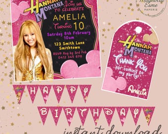 Hannah Montana Birthday Party Pack - Invitation & Thankyou tags Editable. All Printable