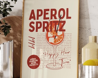 Impresión de arte mural de Aperol Spritz / Póster de cóctel italiano / Decoración retro de bar y cocina / Descarga digital