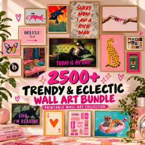 May include: A collection of framed wall art prints featuring diverse illustrations including a pink leopard, a black panther, a cheetah, a tiger in a pool, a butterfly, an 8-ball, playing cards, and text-based posters with phrases like SORRY MUM I AM A RICH MAN.