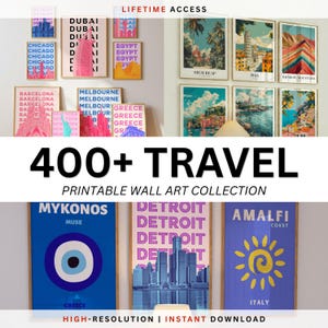 Pode incluir: Uma coleção de arte de parede imprimível com tema de viagem. A imagem apresenta impressões emolduradas com cenas de cidades e paisagens, incluindo Chicago e Mykonos. O texto "400+ TRAVEL" é exibido de forma proeminente, juntamente com "HIGH-RESOLUTION | INSTANT DOWNLOAD".