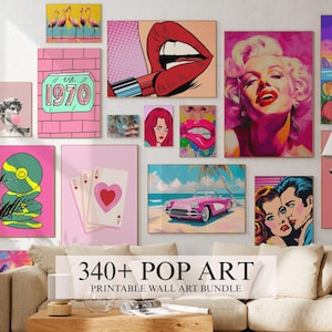 Puede incluir: Una colección de impresiones de arte pop que incluye varios diseños como flamencos, una boca con lápiz labial, un retrato de mujer, un descapotable rosa en una playa, cartas de juego, una cara sonriente y una estatua con un chicle.