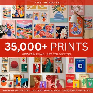 Pode incluir: Uma coleção digital de mais de 35.000 impressões de arte de parede com diversos designs gráficos, ilustrações florais, paisagens, padrões abstratos e cartazes de viagem com texto incluindo Mykonos, Austin e Bauhaus.