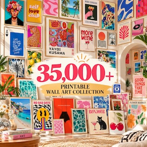May include: A large collection of diverse printable wall art posters featuring various graphic designs, illustrations, and photography, displayed in a gallery wall arrangement with the text 35,000+ PRINTABLE WALL ART COLLECTION.