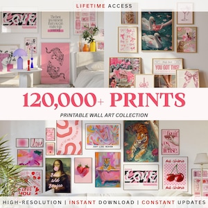 May include: A digital collection of 120,000+ printable wall art prints featuring diverse graphic designs, including tigers, swans, cherries, abstract patterns, and typography. The artwork displays a vibrant pink and multi-coloured aesthetic.