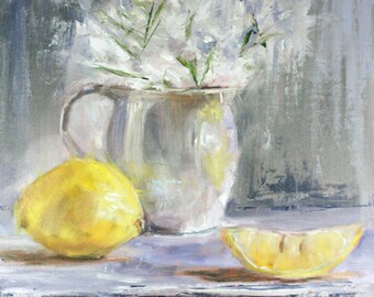 Lemon Print, Fruit Wall Decor, Fruits Still Life, Gray Painting Print, Yellow Kitchen Art, Elegant Wall Decor, Gray and Yellow Wall Art