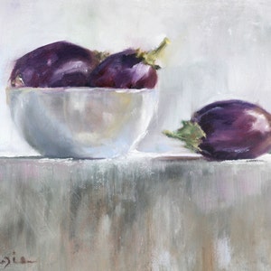 May include: An oil painting depicts a still life of eggplants. Three dark purple eggplants are in a white bowl, and one eggplant rests beside the bowl. The eggplants have green stems and are set against a light gray background.