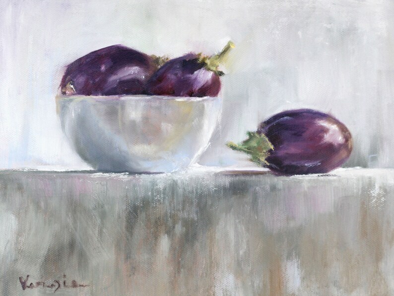 May include: An oil painting depicts a still life of eggplants. Three dark purple eggplants are in a white bowl, and one eggplant rests beside the bowl. The eggplants have green stems and are set against a light gray background.