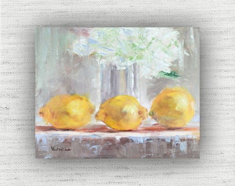 Yellow Lemons and White Flowers Art Prints of Oil Painting, Bright Large Wall Art Print on Canvas, Colorful Kitchen Cottage Style Decor