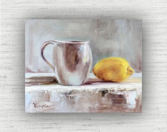Lemon Still Life Painting Prints, Large Canvas Dining Room Food Art, Citrus Fruit Wall Art, Yellow & Gray Country Kitchen Fruit Art