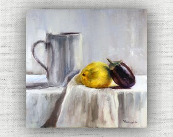 Lemon and Eggplant Still Life Painting Print, Modern Country Kitchen Wall Art, Yellow French Country Square Format Large Canvas Art