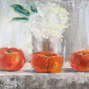 May include: An oil painting depicts three vibrant orange fruits arranged on a shelf, with a vase of white flowers and green leaves in the background. The artwork has a textured, impressionistic style, with a neutral color palette.