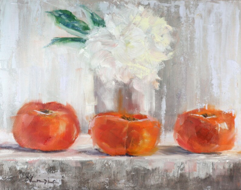 May include: An oil painting depicts three vibrant orange fruits arranged on a shelf, with a vase of white flowers and green leaves in the background. The artwork has a textured, impressionistic style, with a neutral color palette.