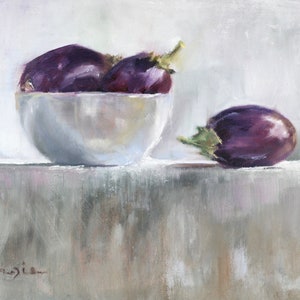 May include: An oil painting depicts a still life of eggplants. Three dark purple eggplants are in a white bowl, and one is beside the bowl. The eggplants have green stems. The background is a soft, light gray.