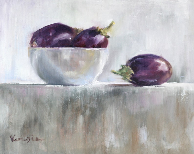 May include: An oil painting depicts a still life of eggplants. Three dark purple eggplants are in a white bowl, and one is beside the bowl. The eggplants have green stems. The background is a soft, light gray.