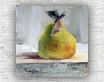 Still Life Pear Artwork, Food Painting Print, Fruit Kitchen Wall Art, Green Modern Country Decor, Large Rustic Farmhouse Canvas Art Work