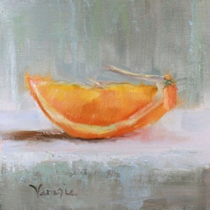 May include: Oil painting of a bright orange orange slice. The slice is on a white surface with a light green and gray background. The painting is signed in the bottom left corner.