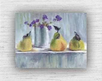 Flowers & Fruit Still Life Kitchen Wall Art, Cottage Style Pear Painting Prints, Large Canvas Dining Room, Living Room Wall Decor