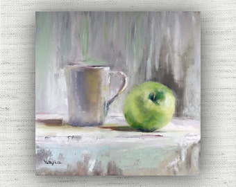 Large Still Life Canvas Painting Prints, Green Apple Kitchen Wall Art, Modern Farmhouse Artwork, Rustic Country Art Work, Fruit Prints