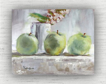 Green Apples with Blush Pink Flowers Still Life Painting Print on Canvas, Dining Room Ready to Hang Art Print, Kitchen Wall Art