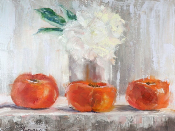 Persimmon Art, Orange Fruit Print, Colorful Floral Wall Art, Fruit Still Life, Gray and Orange Art, Colorful Oil Art Print, Vibrant Prints