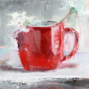May include: A vibrant, impressionistic painting of a red mug with a white flower. The mug is the focal point, its bold color contrasting with the softer background. The brushstrokes are visible, adding texture and depth to the artwork. The painting evokes a sense of warmth and simplicity.
