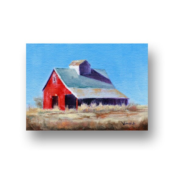 Barn Painting Original Oil Artwork Living Room Wall Art Small Landscape Rustic Canvas Colorful