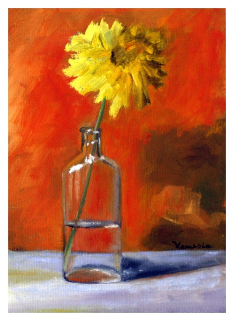 May include: An oil painting of a yellow flower in a clear glass bottle. The flower has a large, textured head and a green stem. The bottle sits on a white surface against a vibrant orange background.