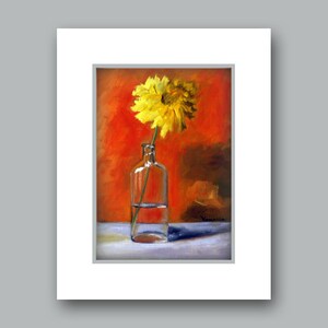 May include: An oil painting of a yellow flower in a clear glass bottle. The flower is centered, with a vibrant orange background. The bottle is partially filled with water, and the painting is framed in white.