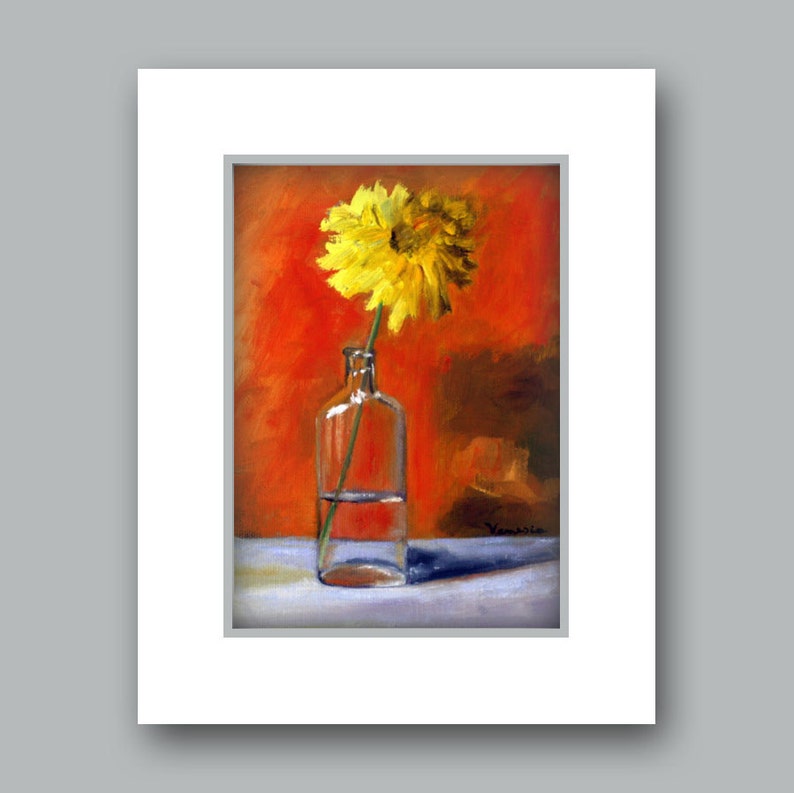May include: An oil painting of a yellow flower in a clear glass bottle. The flower is centered, with a vibrant orange background. The bottle is partially filled with water, and the painting is framed in white.
