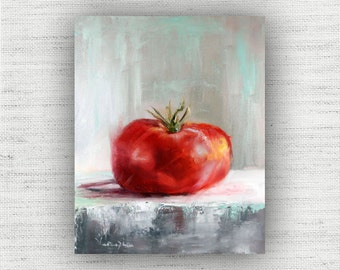 Big Red Tomato Art Prints, Large Canvas Painting Print, Colorful Kitchen Wall Art, Bright Dining Room Decor, Rustic Country Farmhouse Art