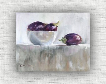 Eggplant Still Life Panting Canvas Print, Purple Farmhouse Kitchen Wall Art, Rustic Country Living Room, Dining Room Wall Decor, Food Art