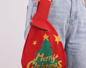 Christmas Knit Wristlet Bag, Festive Holiday Purse, Seasonal Gift Accessory