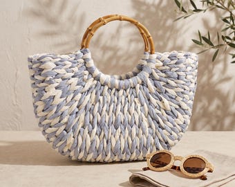 Woven Straw Beach Bag with Bamboo Handle, Summer Tote for Women, Boho Vacation Handbag, Coastal Resort Gift for Her