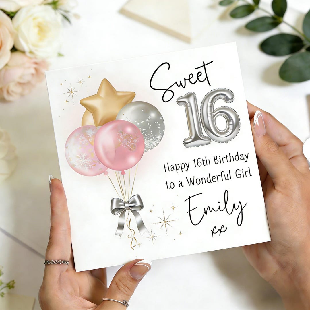 Personalized Sweet 16 Birthday Card, Pink & Gold Balloons - Etsy