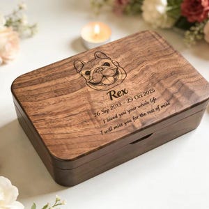 Custom Engraved Pet Ash Box for Dog & Cat, Memorial Wood Keepsake with Photo Portrait Option Wooden Pet Urn Memorial Box for Pet