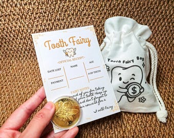 Tooth Fairy Coins Set - Tooth Fairy Bag & Tooth Fairy Letter Keepsake Tokens for Kids Lost Teeth Tooth Fairy Gifts